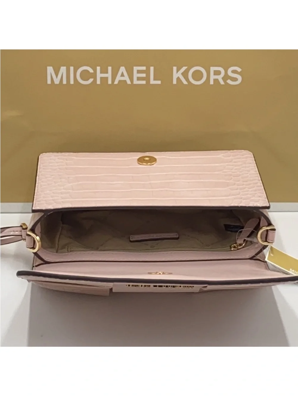 Michael Kors Mercer powder blush Woven Croc-Embossed Leather Crossbody